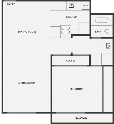 Floor plan for 1 bed, 1 bath, 732 sqft